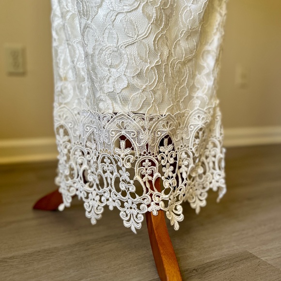 ☾ Vintage Jessica McClintock ivory lace tea length off shoulder wedding dress - Picture 5 of 8